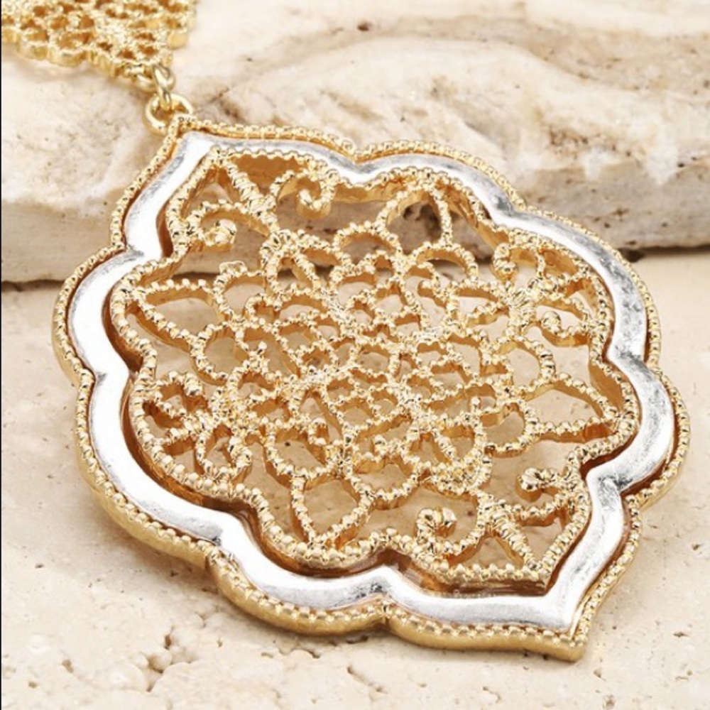Filigree Mixed Metal Pendant Necklace - Picture 2 of 4